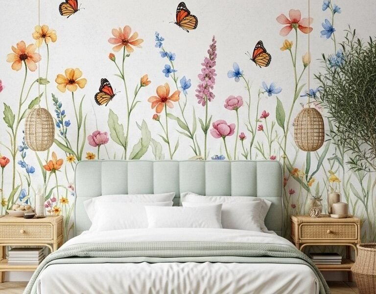 Chambre bohème avec papier peint panoramique de fleurs sauvages et papillons