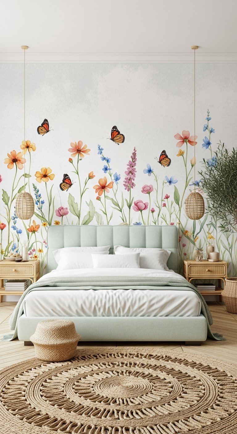 Chambre bohème avec papier peint panoramique de fleurs sauvages et papillons