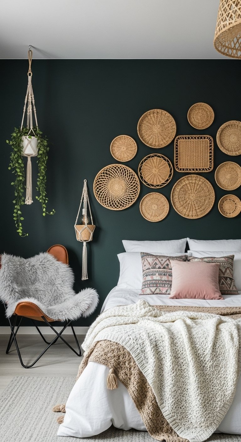 Chambre boheme sombre avec mur vert foret et collection de paniers muraux