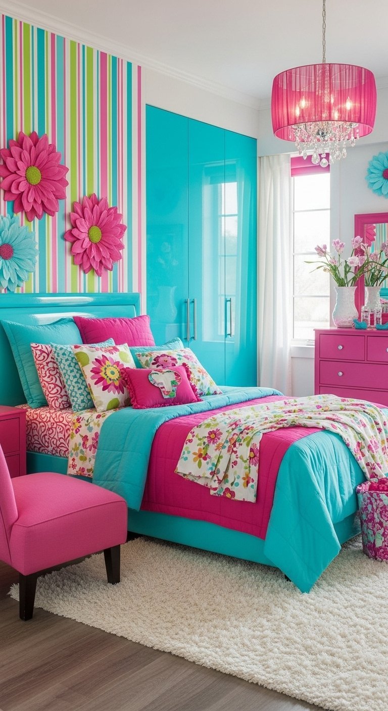 Chambre d ado très colorée avec des murs turquoise et des meubles fuchsia