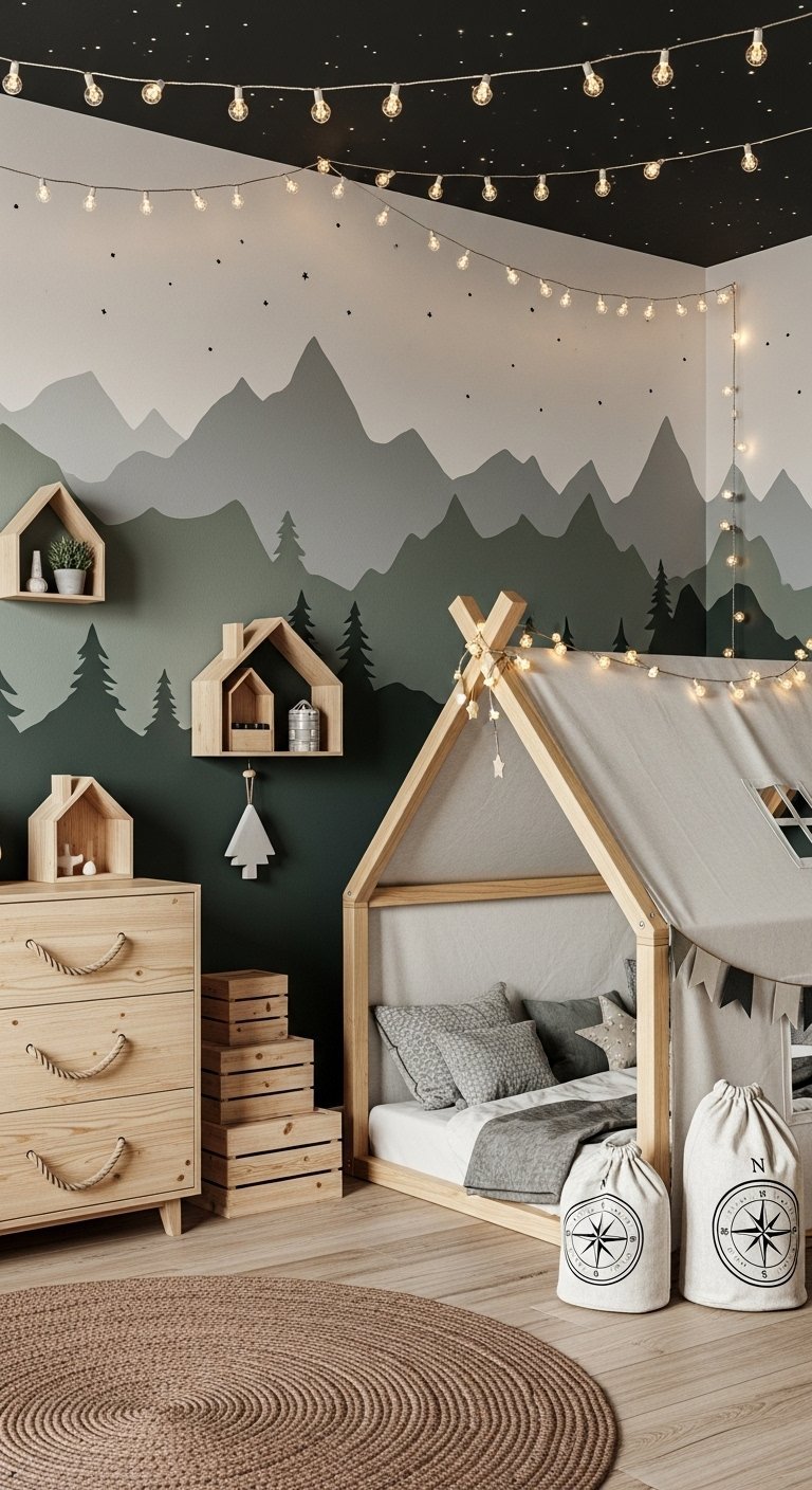 Chambre de garçon de style aventure avec un lit cabane en bois et une fresque de montagne