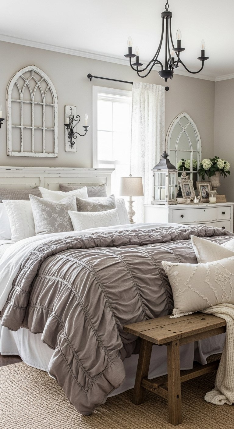 Chambre de style campagnard avec tête de lit faite de vieilles fenêtres