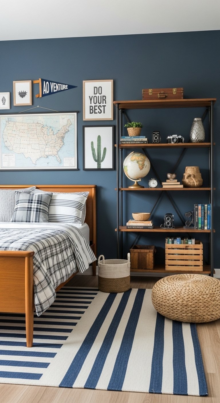 Chambre garcon moderne bleu marine avec theme aventure et etagere