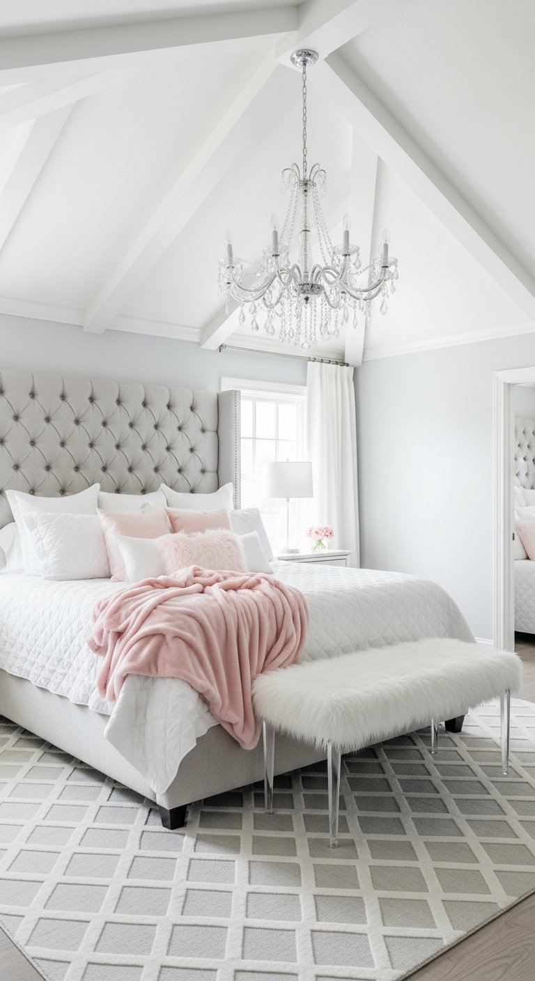 Chambre glamour avec tête de lit capitonnée grise et touches de rose poudré