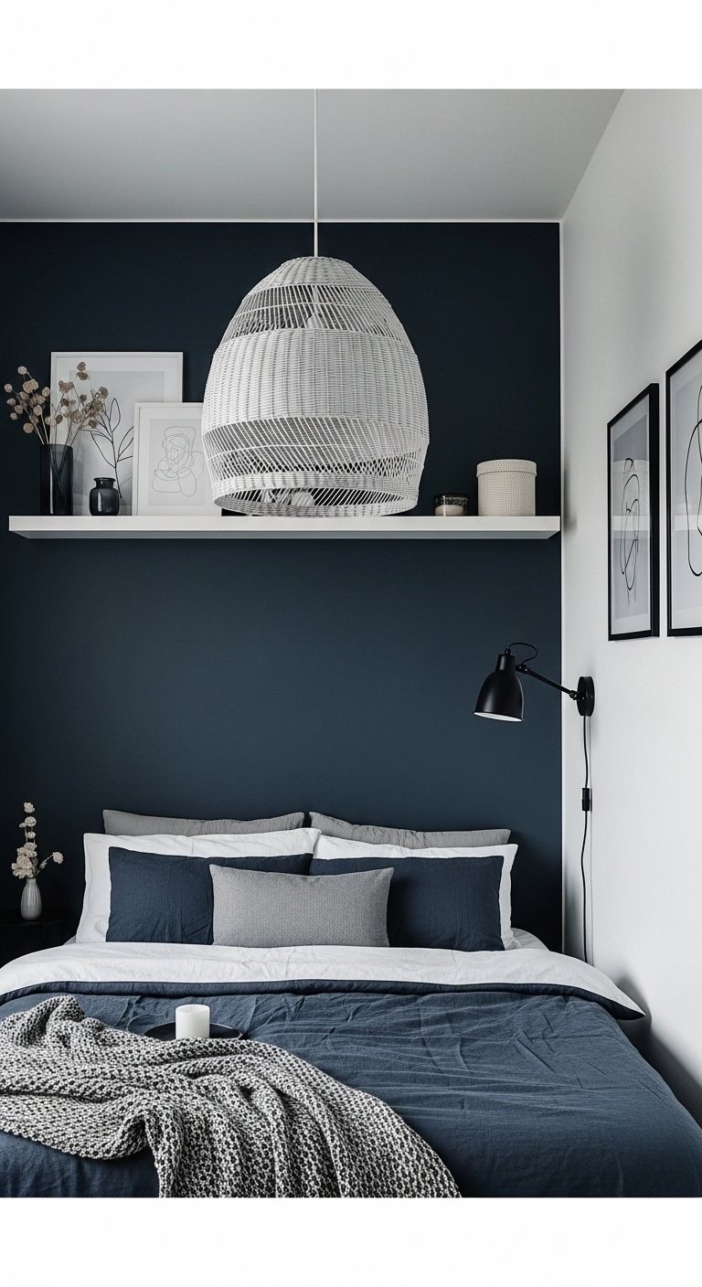 Chambre minimaliste avec mur bleu marine et une longue étagère flottante blanche