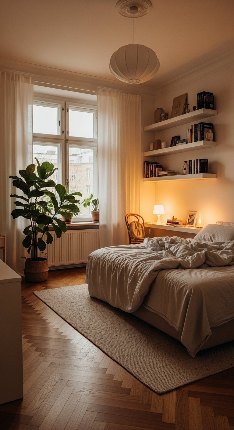 Chambre minimaliste avec parquet en chevrons et lumière chaude