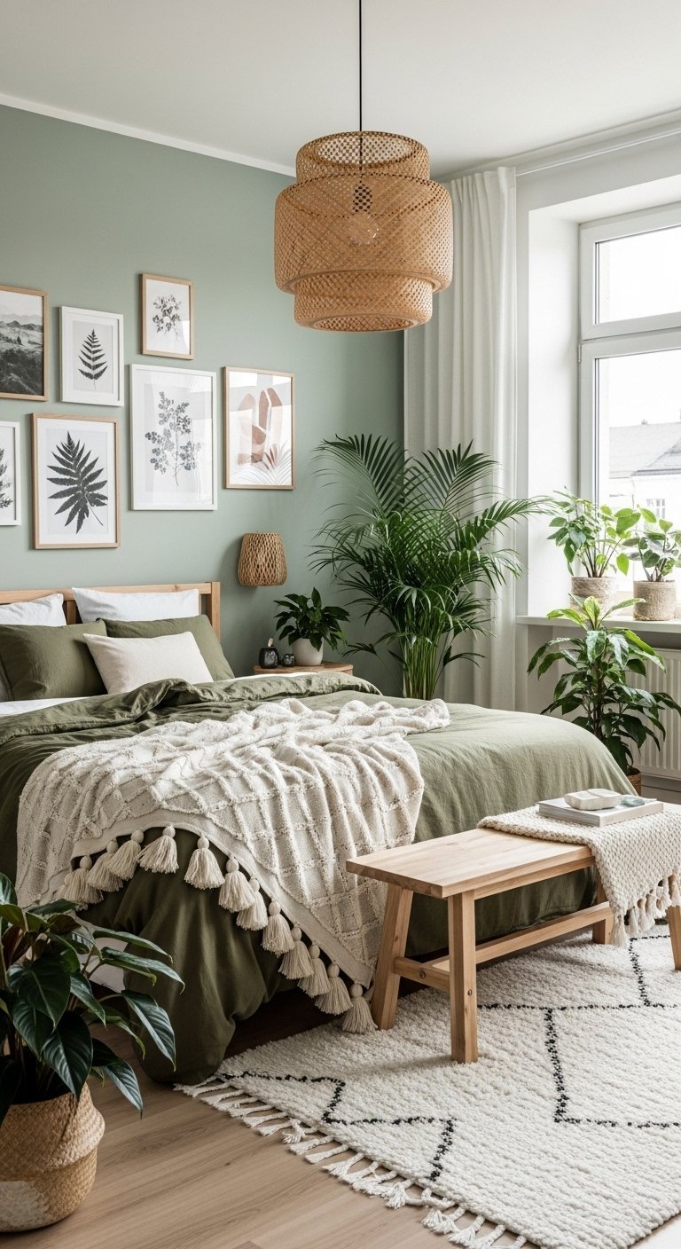 Chambre nature avec mur vert sauge et galerie de cadres botaniques