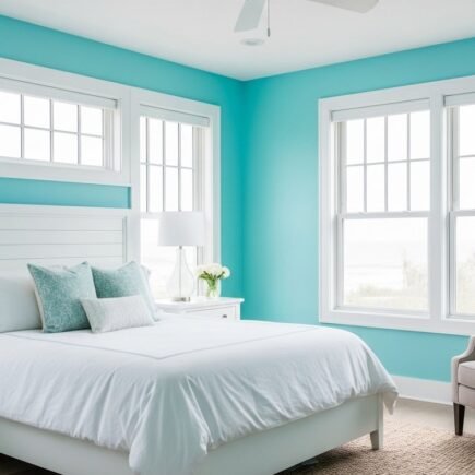 Chambre parentale style côtier avec peinture turquoise lumineuse