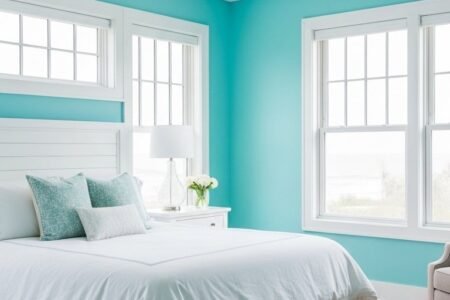 Chambre parentale style côtier avec peinture turquoise lumineuse