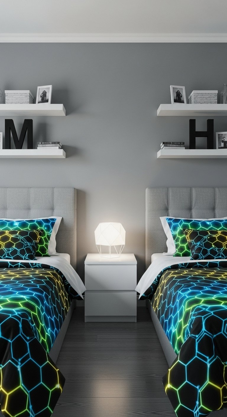 Chambre partagée avec deux lits simples et du linge de lit à motif néon futuriste