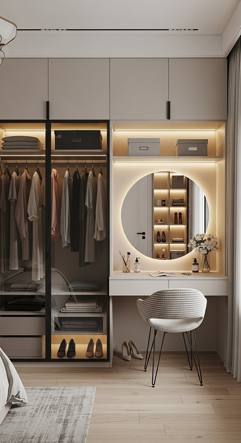 Coin coiffeuse moderne avec miroir rond rétroéclairé intégré à une armoire