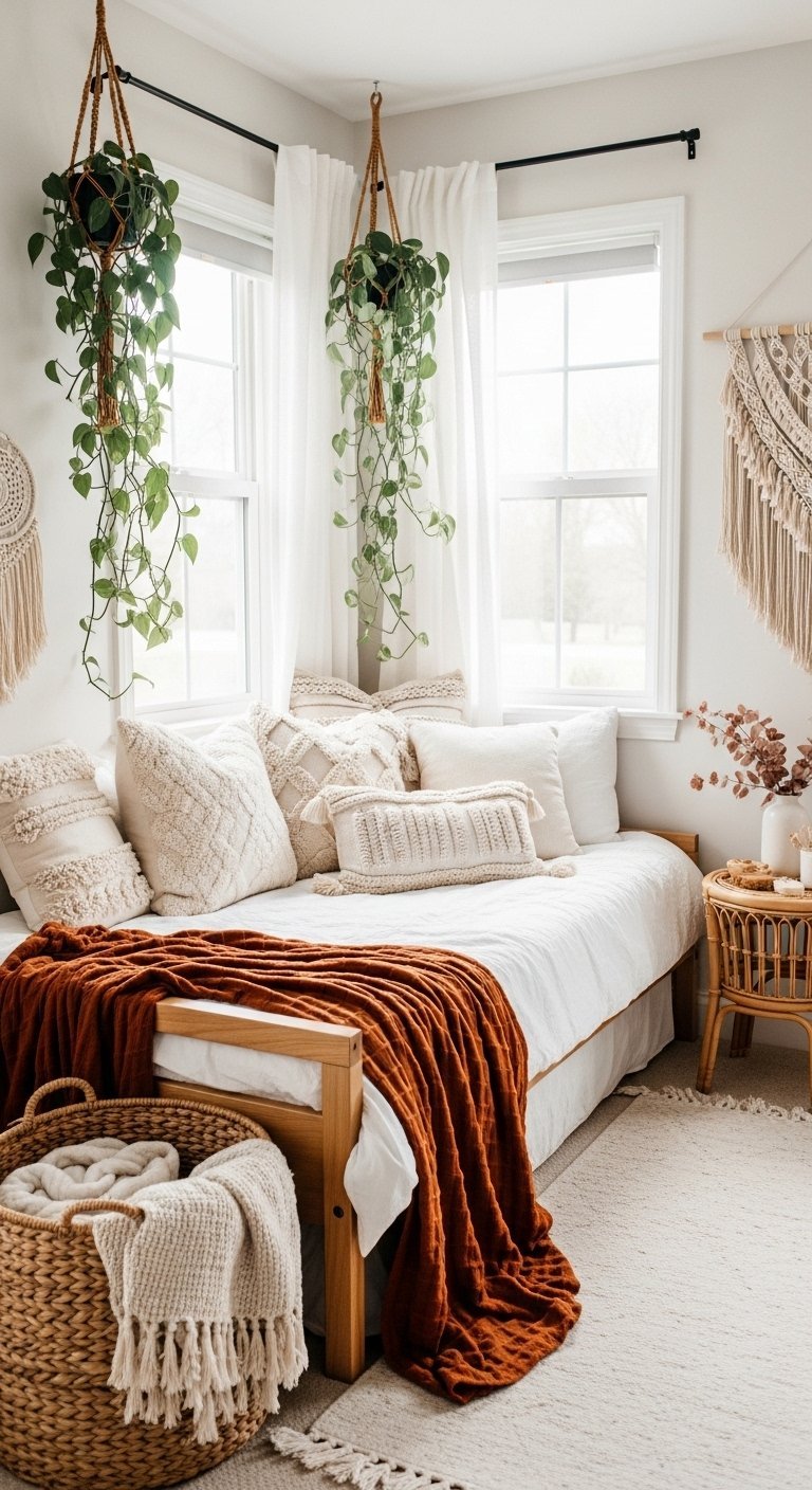 Coin détente avec lit de repos blanc et coussins texturés