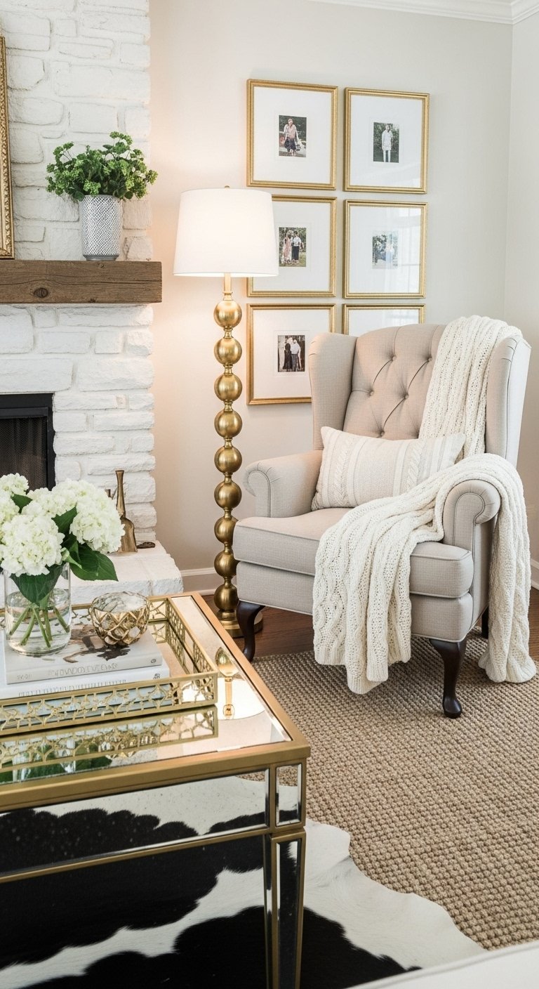 Coin lecture campagne chic avec fauteuil beige lampadaire dore et cheminee