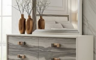 Commode moderne à six tiroirs avec finition effet marbre gris