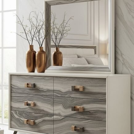 Commode moderne à six tiroirs avec finition effet marbre gris