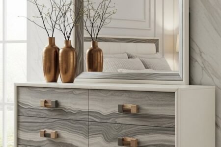 Commode moderne à six tiroirs avec finition effet marbre gris