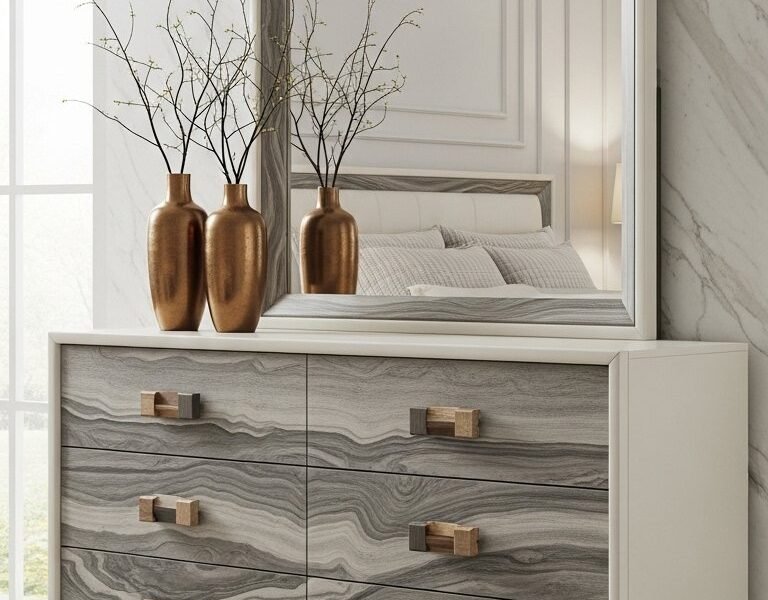 Commode moderne à six tiroirs avec finition effet marbre gris
