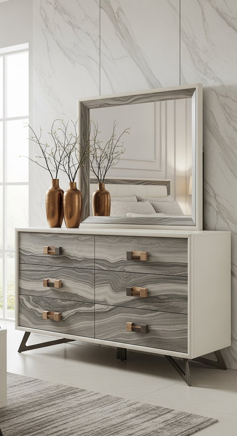 Commode moderne à six tiroirs avec finition effet marbre gris