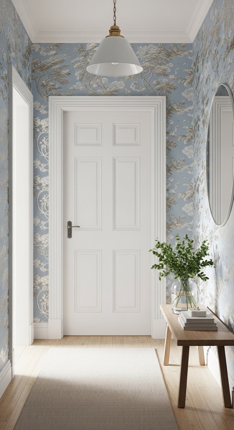 Couloir avec un papier peint bleu clair style Toile de Jouy et une porte blanche