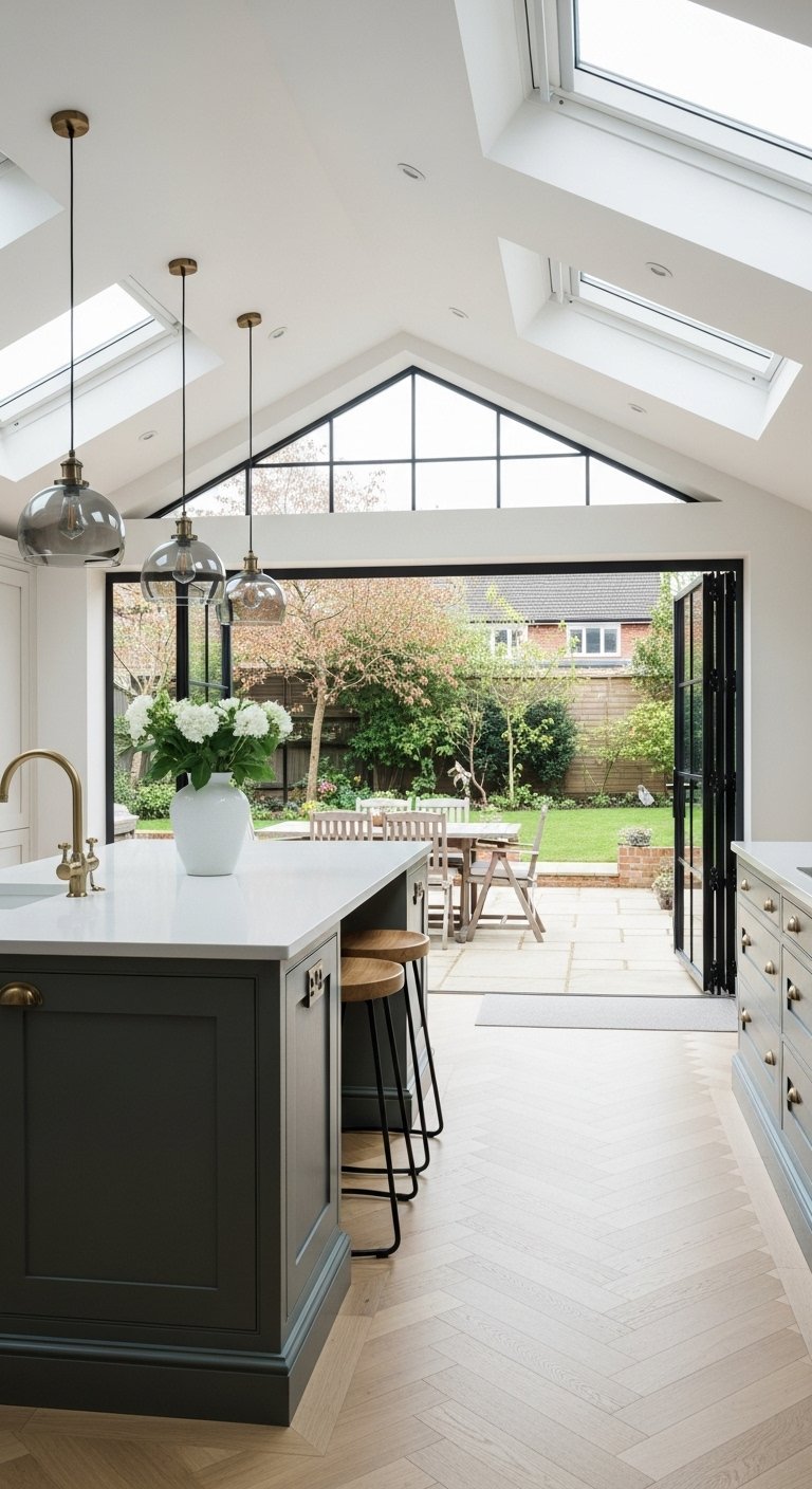 Cuisine moderne avec îlot central et grandes portes vitrées pliantes donnant sur un jardin.