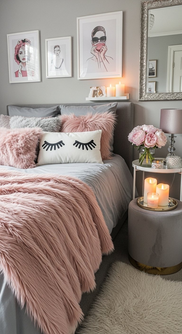 Décoration chambre femme cosy en gris et rose avec des textures en fausse fourrure