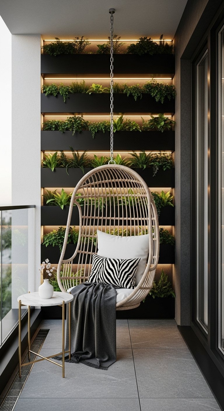 Decoration petit balcon moderne avec fauteuil suspendu beige et mur vegetal noir eclaire