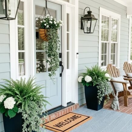 Entree de maison exterieure style ranch avec pots galvanises et panneau welcome