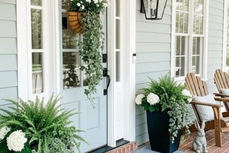 Entree de maison exterieure style ranch avec pots galvanises et panneau welcome
