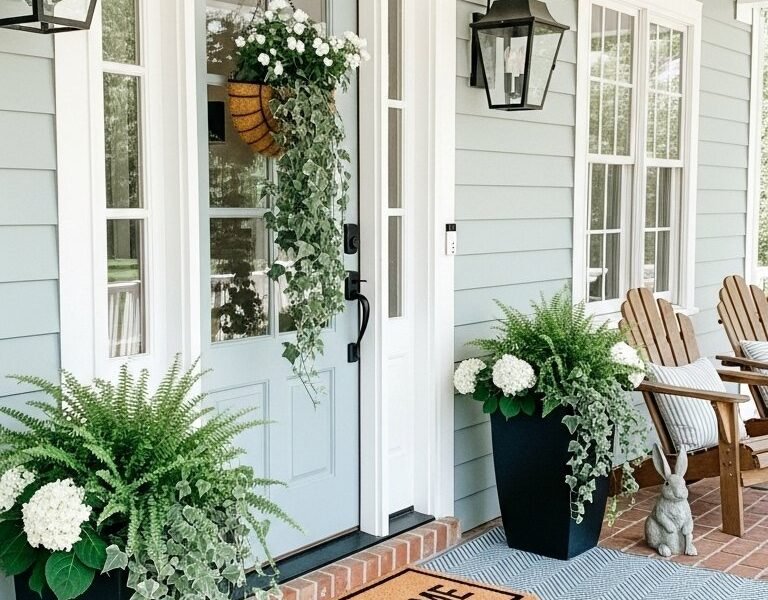 Entree de maison exterieure style ranch avec pots galvanises et panneau welcome