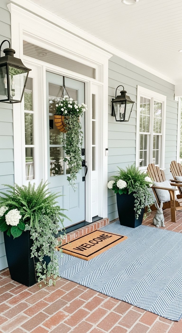 Entree de maison exterieure style ranch avec pots galvanises et panneau welcome