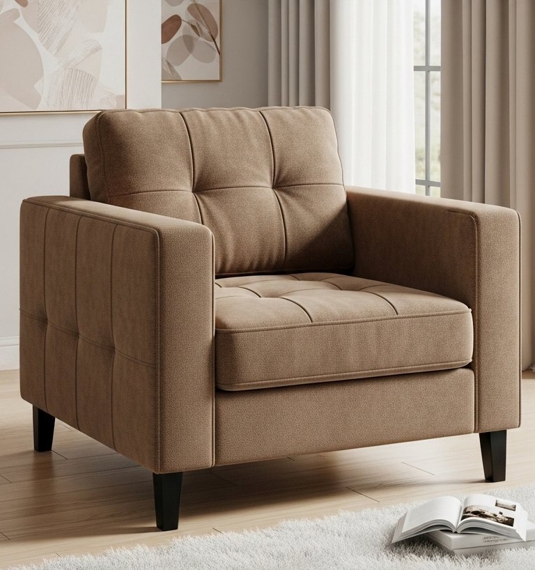 Fauteuil de salon de forme cubique en tissu marron avec un capitonnage moderne