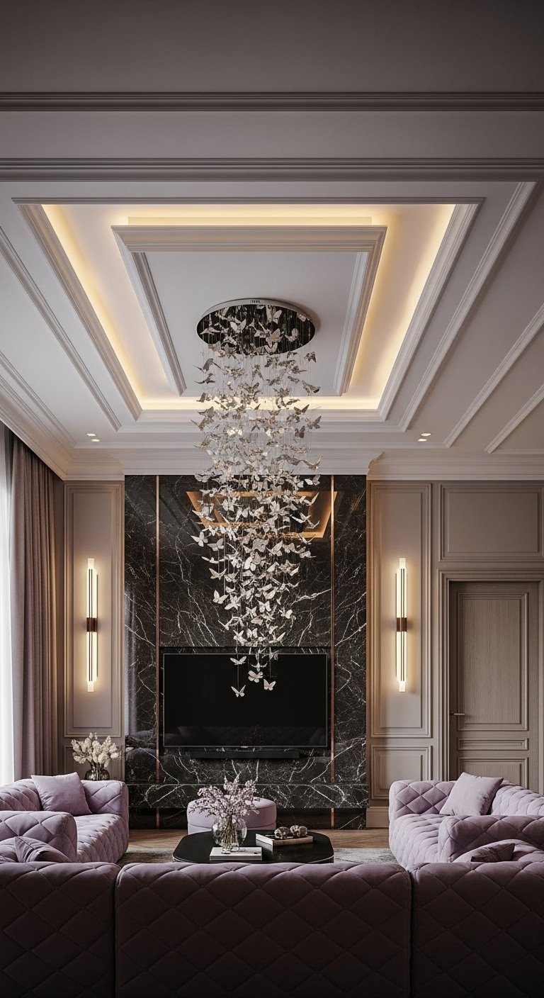 Faux plafond classique mettant en valeur un lustre spectaculaire en forme de papillons