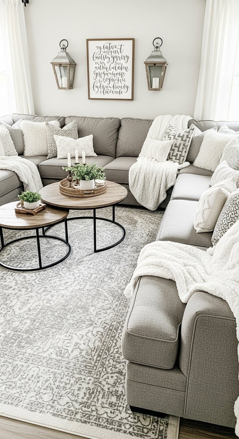 Grand canapé d angle en U gris avec de nombreux coussins et plaids blancs