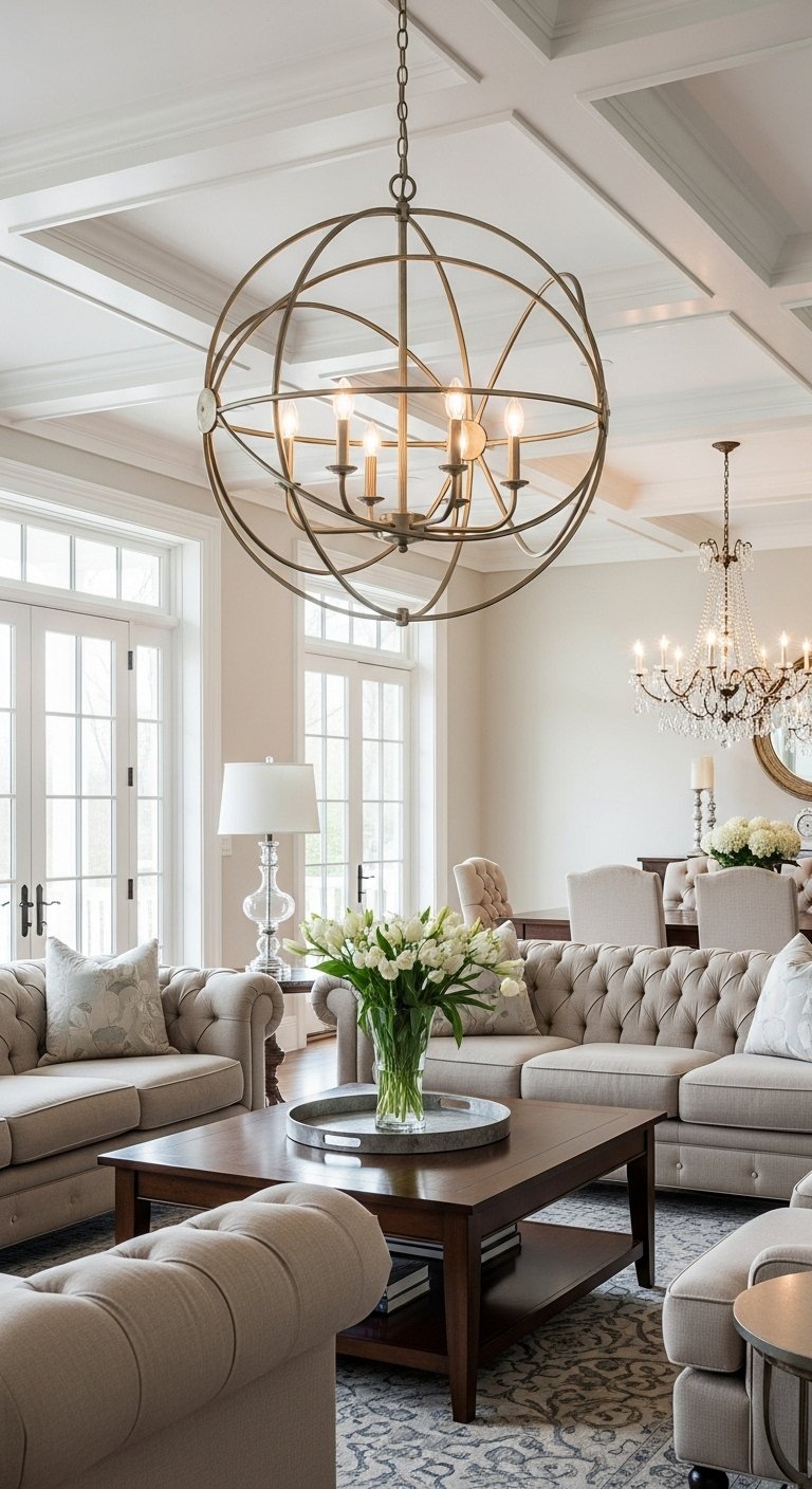 Grand lustre globe classique en bronze dans un salon traditionnel