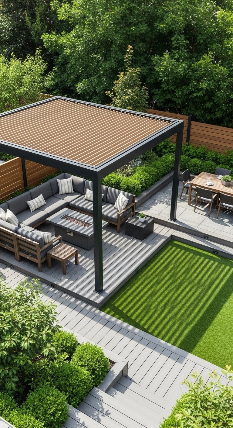 Grande pergola avec salon en U et foyer central sur une terrasse à niveaux