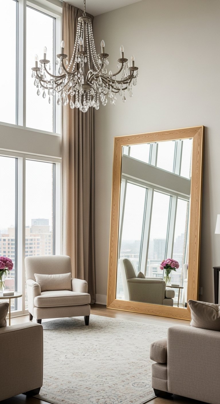 Immense miroir à cadre en bois clair posé sur le sol dans un salon à haut plafond