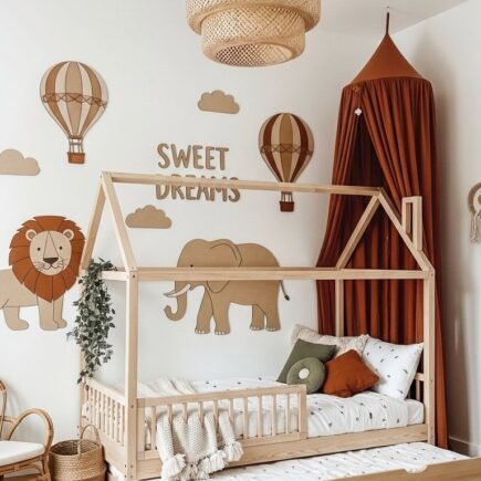 Lit cabane en bois avec stickers muraux safari et ciel de lit terracotta