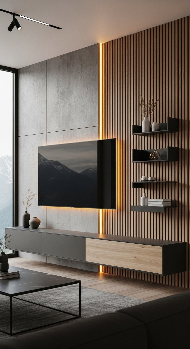 Mur TV industriel avec effet béton et tasseaux de bois