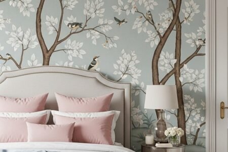 Papier peint panoramique avec arbres et oiseaux sur fond bleu gris dans une chambre elegante