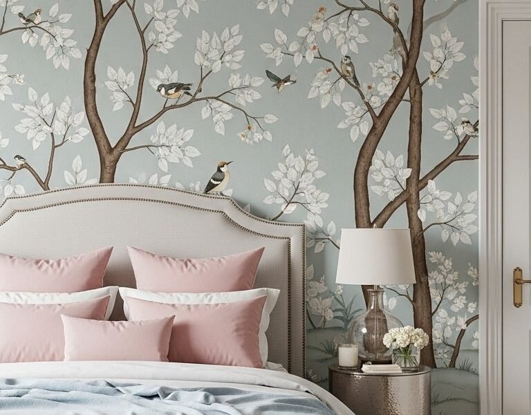 Papier peint panoramique avec arbres et oiseaux sur fond bleu gris dans une chambre elegante