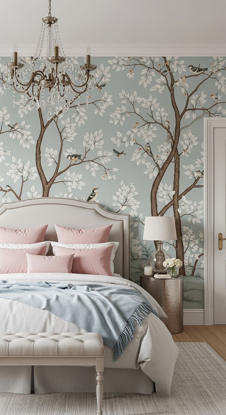 Papier peint panoramique avec arbres et oiseaux sur fond bleu gris dans une chambre elegante