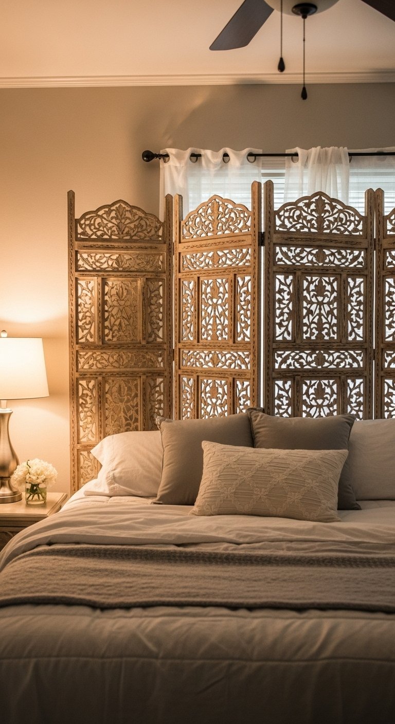 Paravent en bois sculpte utilise comme tete de lit dans une ambiance tamisee