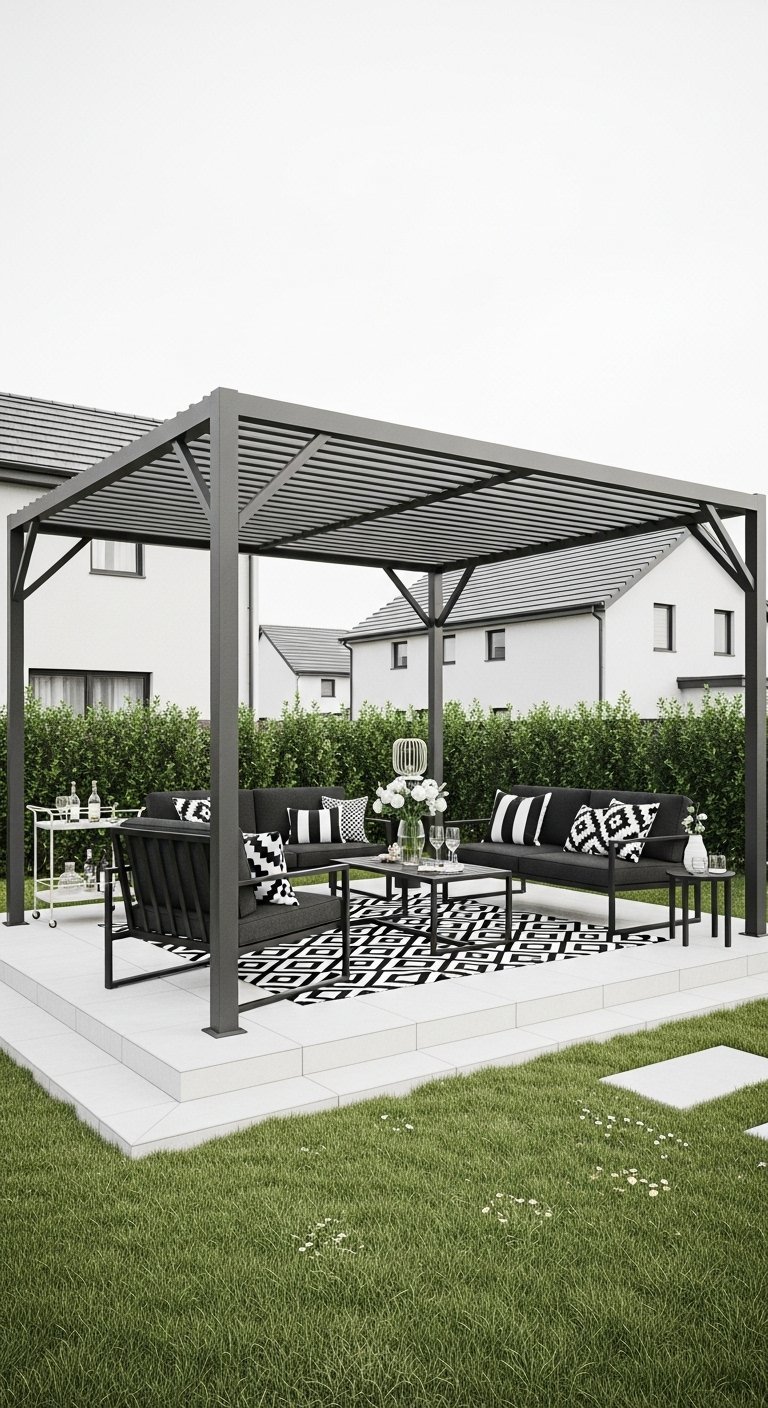 Pergola autoportante en métal gris avec un salon de jardin noir et blanc