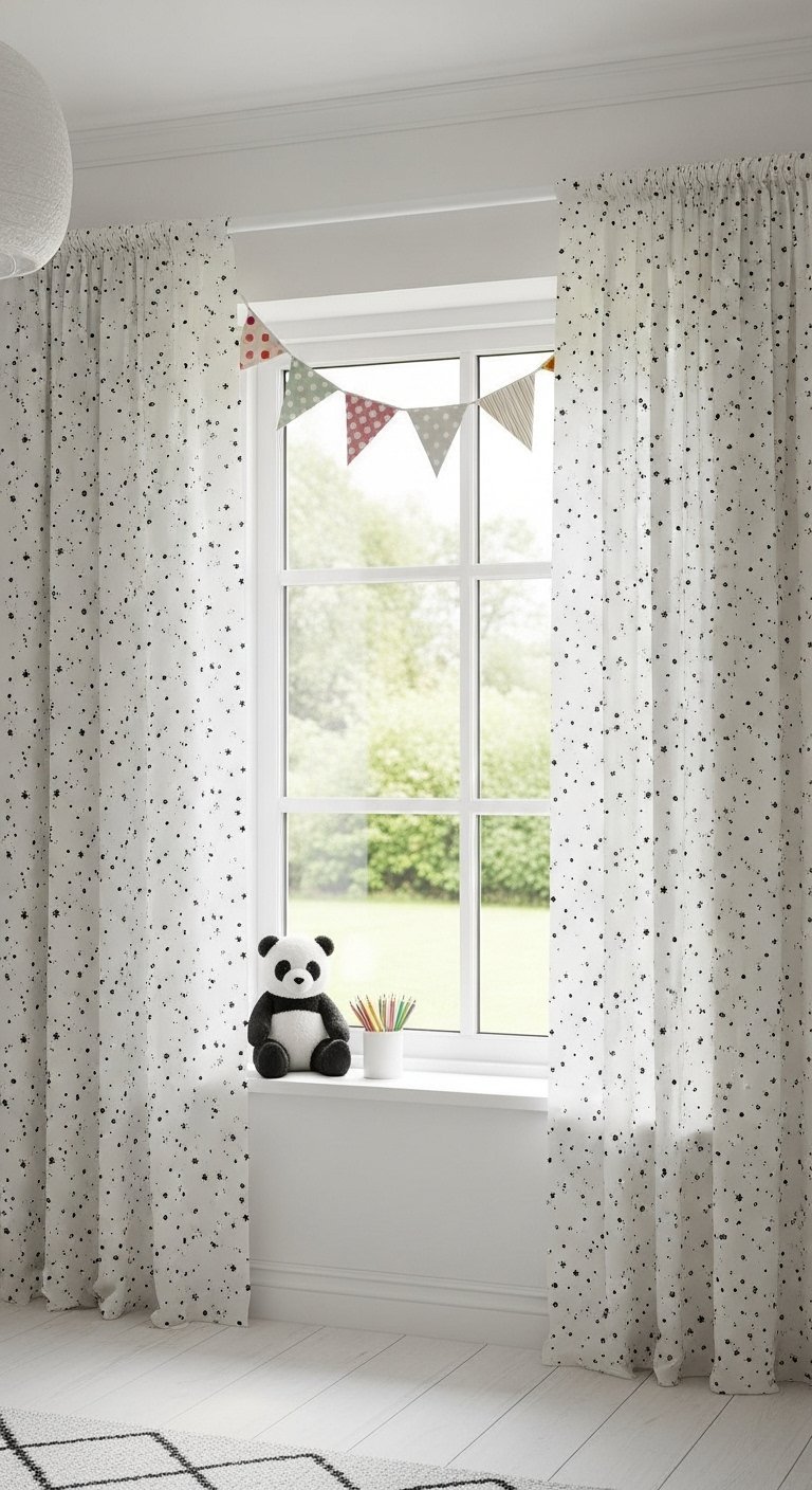 Rideaux blancs a motifs d etoiles noires a la fenetre d une chambre d enfant