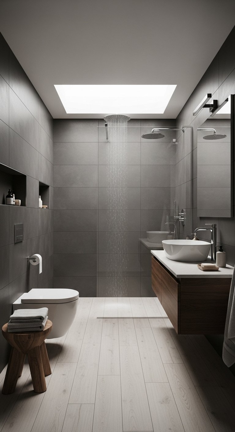 Salle de bain minimaliste grise avec puits de lumière et douche de pluie