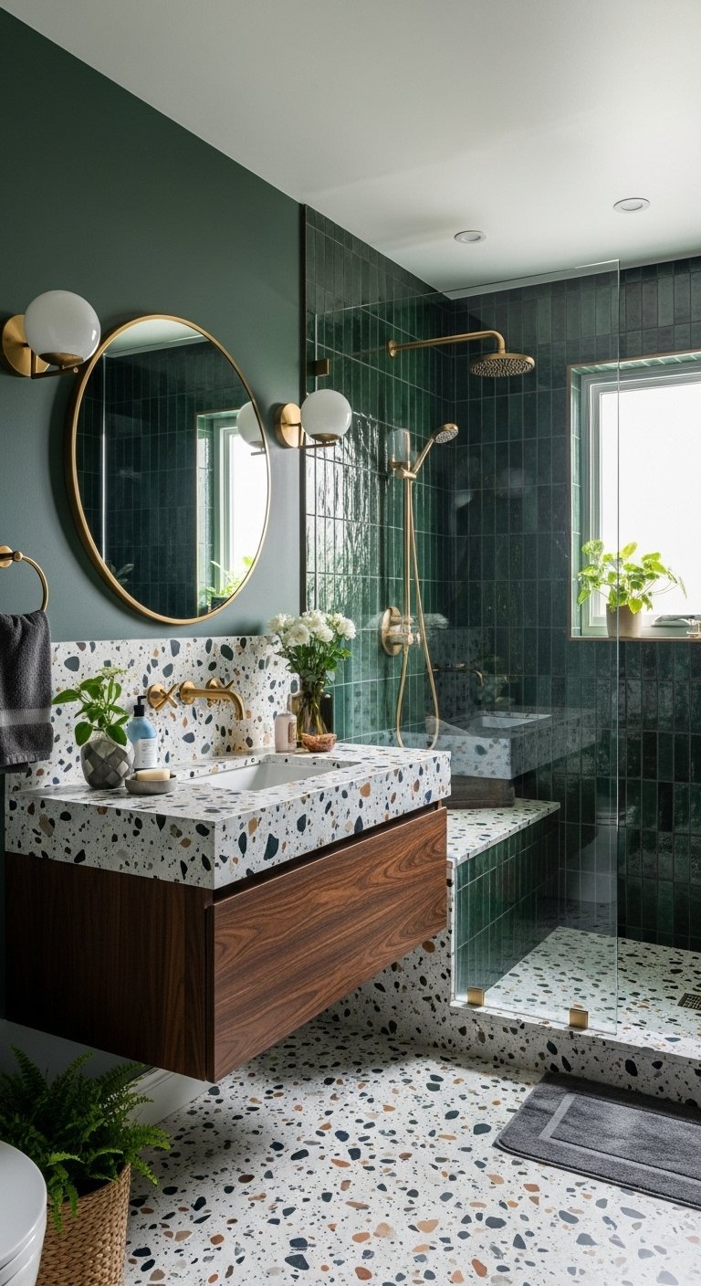 Salle de bain nature avec terrazzo et carrelage vert fonce
