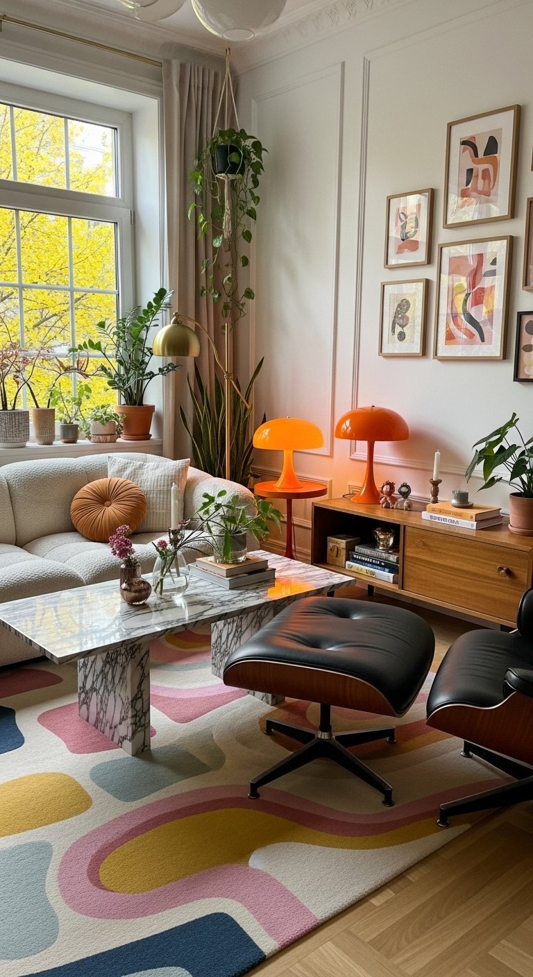 Salon éclectique avec tapis coloré table en marbre et mur de cadres