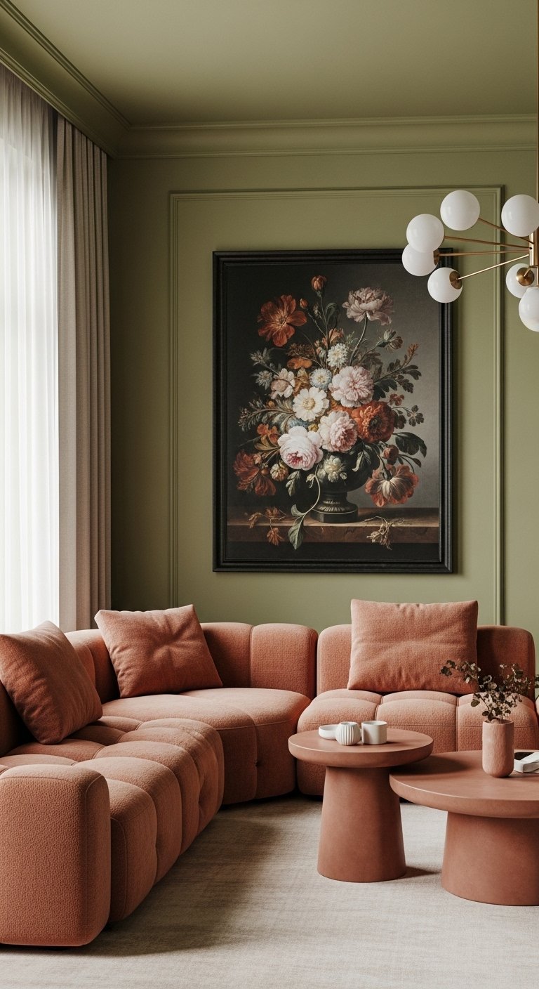 Salon elegant avec murs vert olive canape modulaire terracotta pale et tableau floral