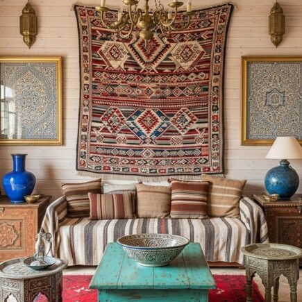 Salon marocain éclectique avec grande tenture murale berbère et table basse turquoise