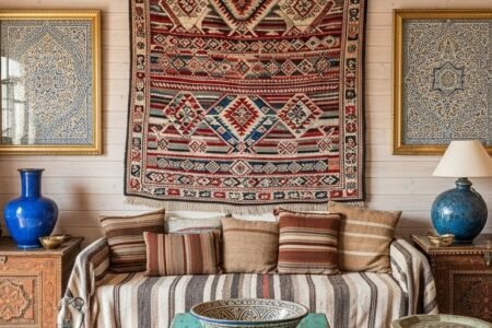 Salon marocain éclectique avec grande tenture murale berbère et table basse turquoise